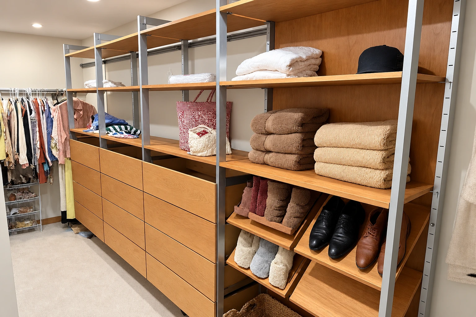 The completed real closet with oak drawers, open shelves and angled shoe storage within exposed aluminum frames