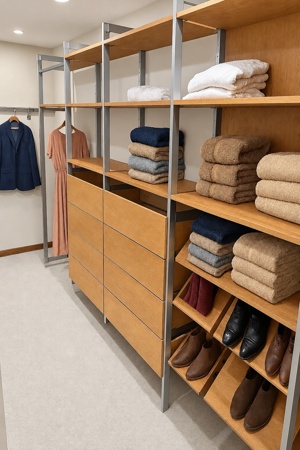 Oak shelving and drawers within Switchblade Design’s modular aluminum frames