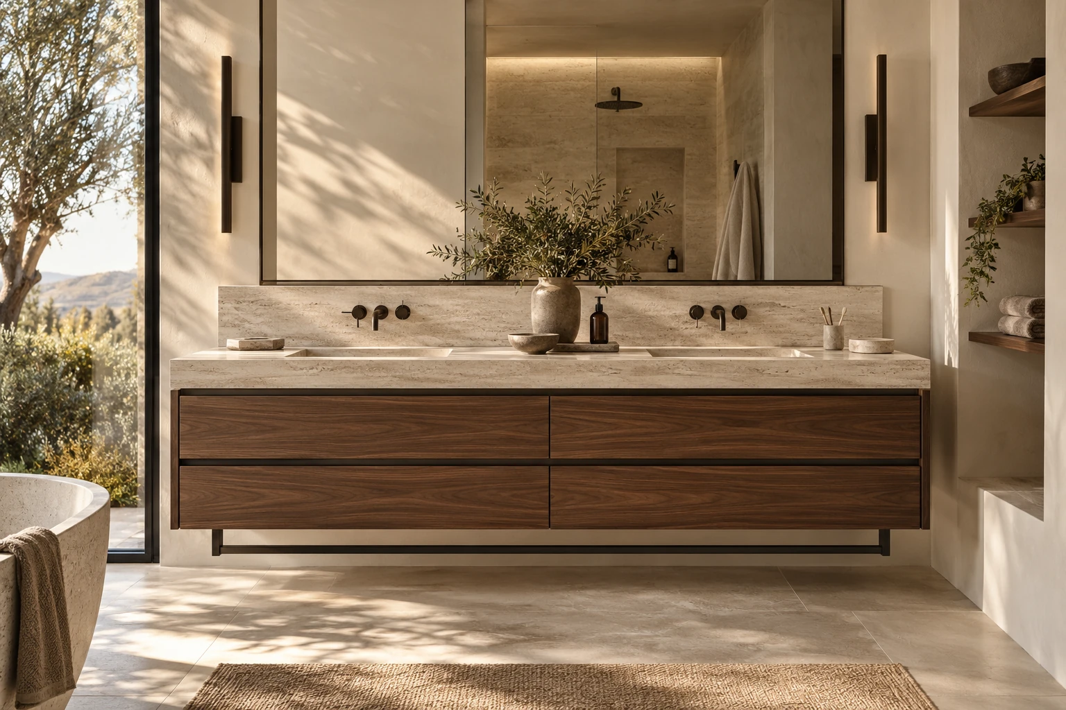 Floating walnut bathroom vanity concept with stone surfaces and warm natural light